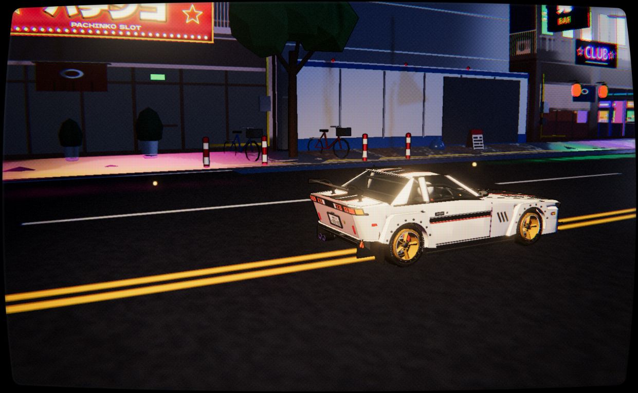 Sundrift’s pearl-white sports car in the illuminated streets of Neo Tokyo at night