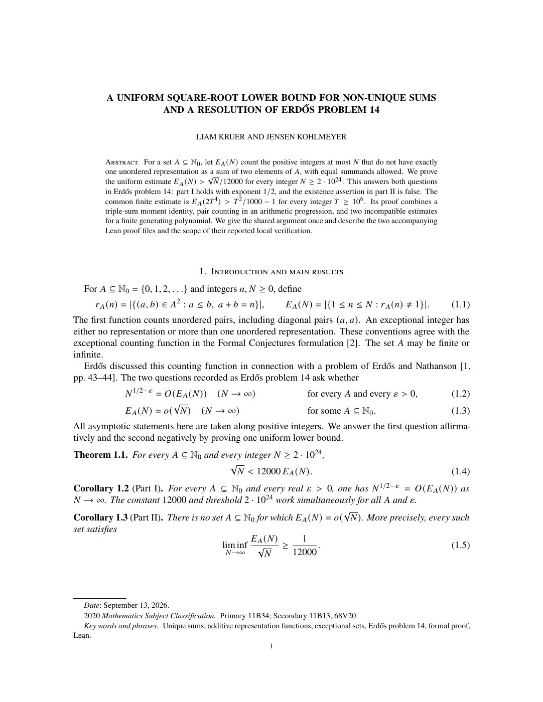 First page of Non-unique sums, parts I and II