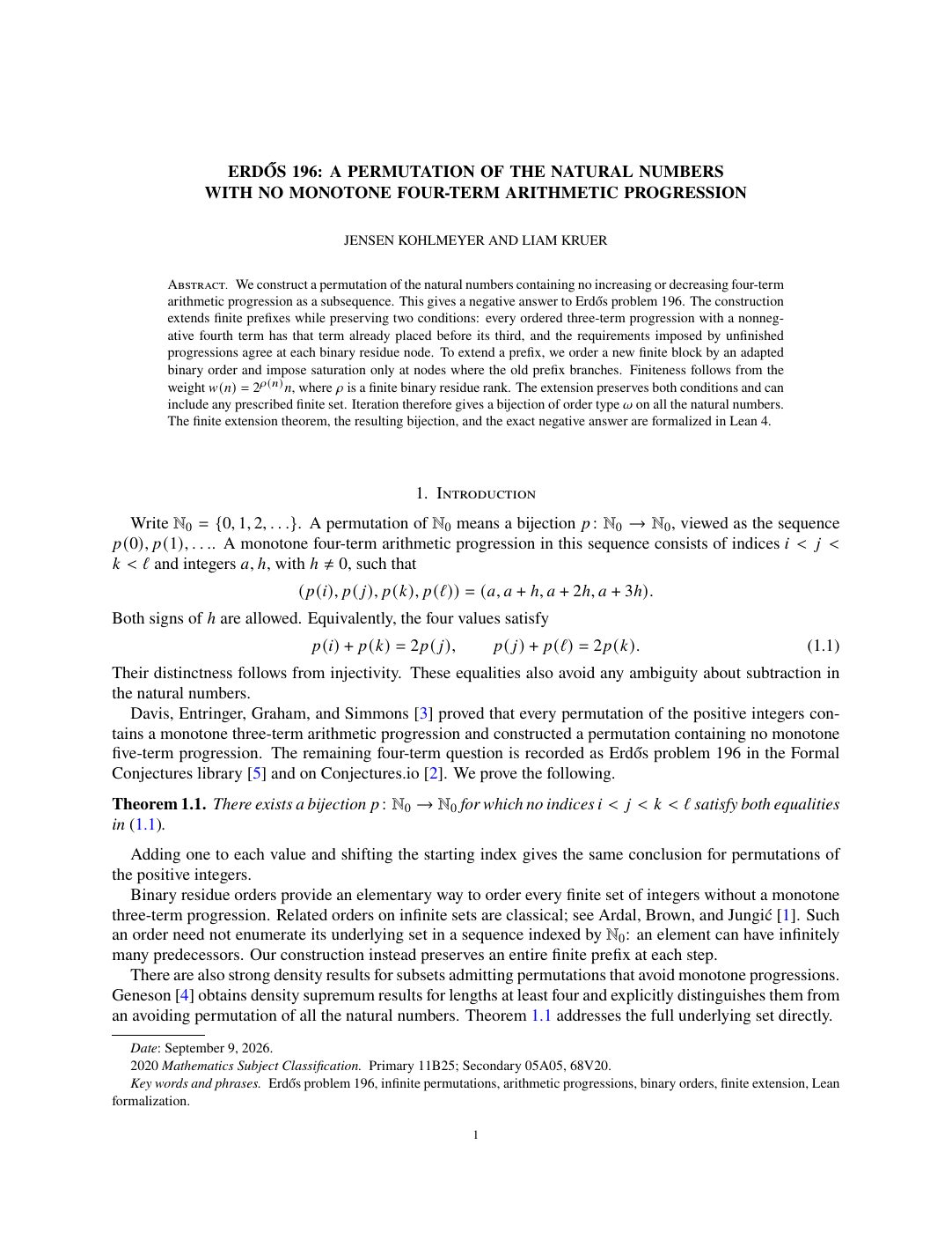 First page of Permutations avoiding four-term progressions