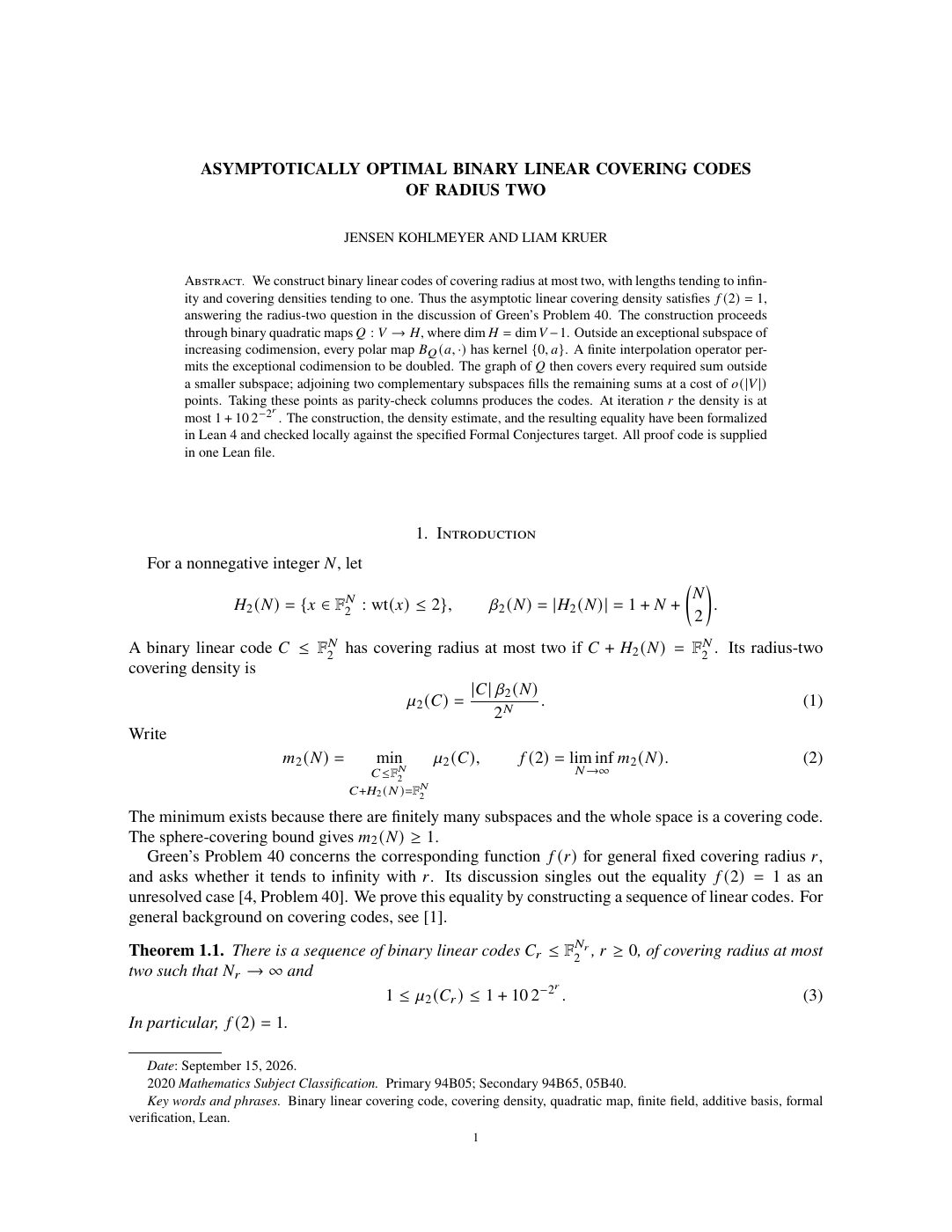 First page of Binary linear covering codes